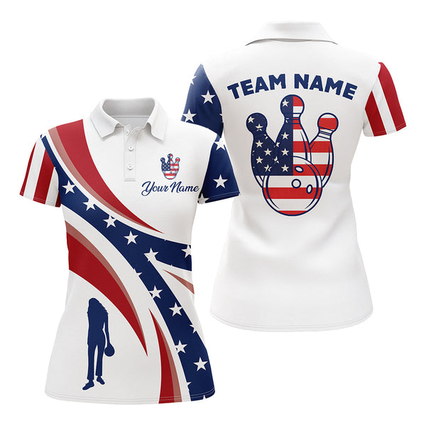 Custom Bowling Polo Shirt Women American Flag Bowling Team Jersey Patriotic Bowling League Shirt BDT123