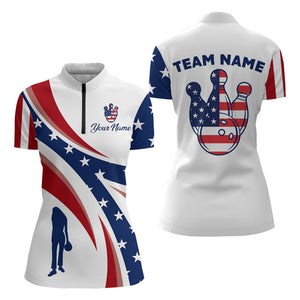 Custom Bowling Quarter-Zip Shirt Women USA Flag Bowling Team Jersey Patriotic Bowling League Shirt BDT125