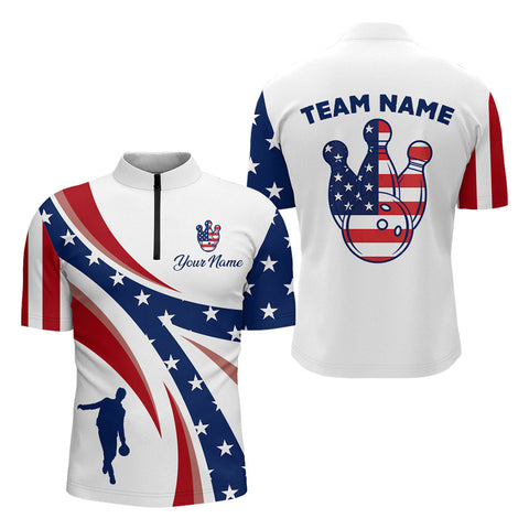 Custom Bowling Quarter-Zip Shirt Men USA Flag Bowling Team Jersey Patriotic Bowling League Shirt BDT124