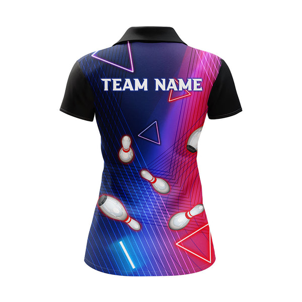 Navy Bowling Shirt For Women Custom Name Polo Bowling Jersey Ladies 3D Bowling Team Shirt For Women BDT46