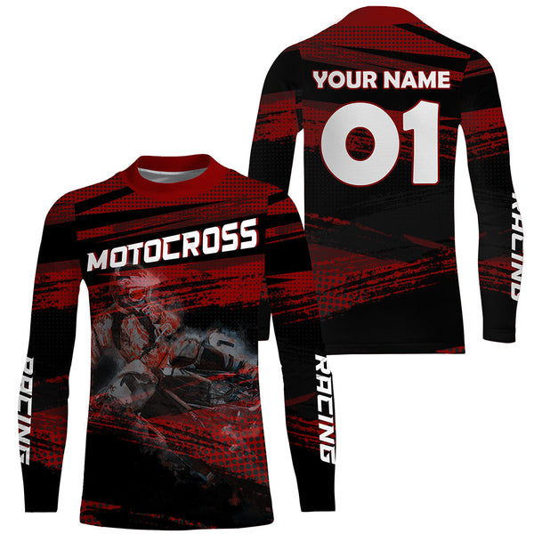 Kid Men Women Motocross Racing Jersey UPF30+ Custom Red Dirt Bike Shirt MX Long Sleeve PDT504