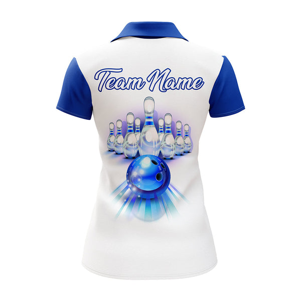 Custom Bowling Polo Shirt for Women Blue Bowling Jersey With Name Ladies Bowling Team League Shirt BDT87