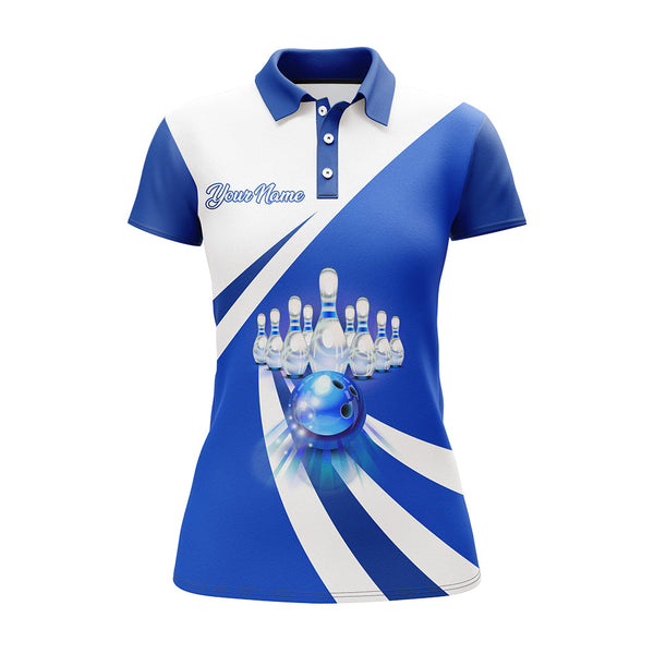 Custom Bowling Polo Shirt for Women Blue Bowling Jersey With Name Ladies Bowling Team League Shirt BDT87