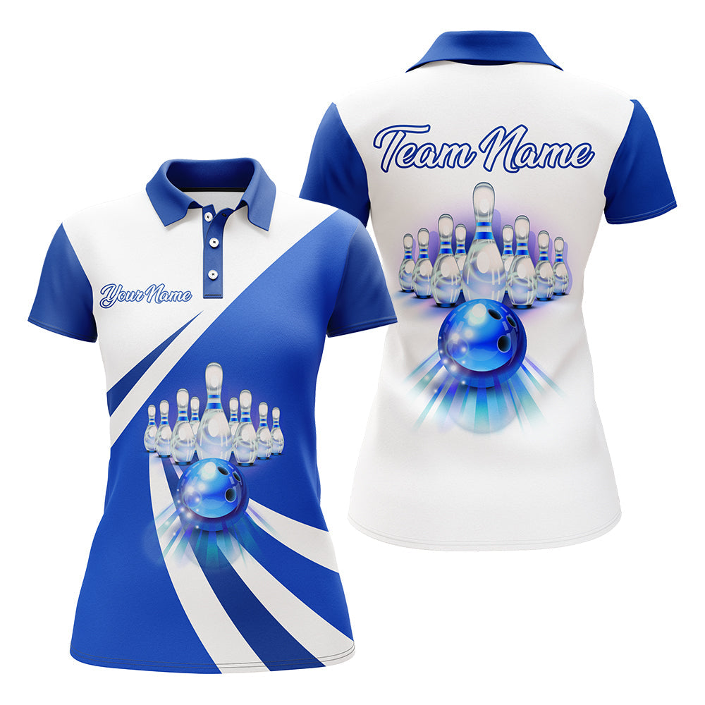 Custom Bowling Polo Shirt for Women Blue Bowling Jersey With Name Ladies Bowling Team League Shirt BDT87