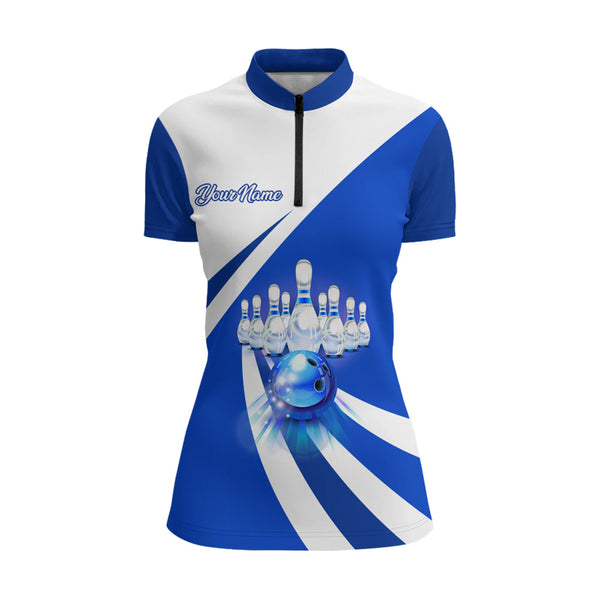 Custom Bowling Quarter Zip Shirt for Women Blue Bowling Jersey Ladies Bowling Team League Shirt BDT89