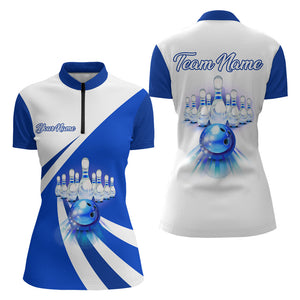 Custom Bowling Quarter Zip Shirt for Women Blue Bowling Jersey Ladies Bowling Team League Shirt BDT89