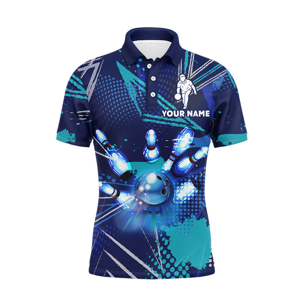Bowling Polo Shirt for Men Custom Blue Bowling Jersey With Name 3D Bowling Team League Shirt BDT94