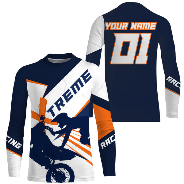 Personalized Motocross racing jersey blue and white UPF30+ youth adult dirt bike MX extreme shirt PDT189