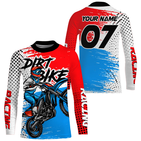 Blue Dirt Bike Jersey Kid Men Women UPF30+ Personalized Long Sleeve Motocross Off-Road MX Shirt PDT478