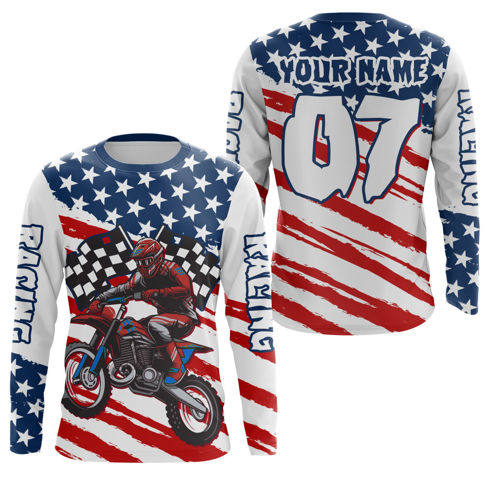 Personalized American Flag Motocross Jersey UPF30+ Kid Dirt Bike Shirt Women Men Patriotic Off-road PDT526