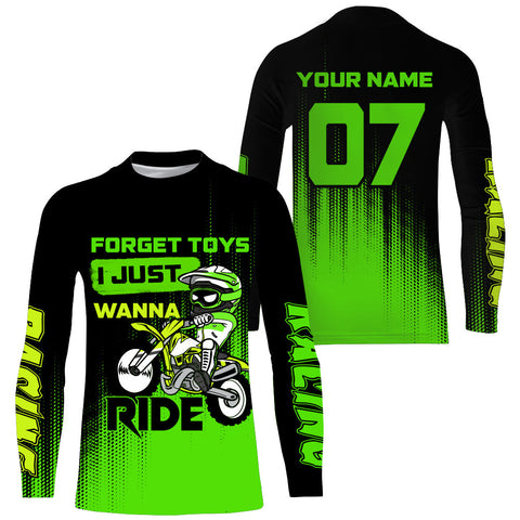 Youth Motocross Jersey UPF30+ Custom Green Dirt Bike Shirt For Boy Girl Forget Toys Just Wanna Ride PDT529