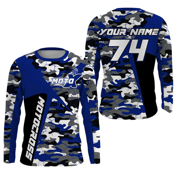 Custom Kid Men Women Dirt Bike MX Jersey UPF30+ Blue Camo Motocross Shirt Extreme MotoX Racing PDT517