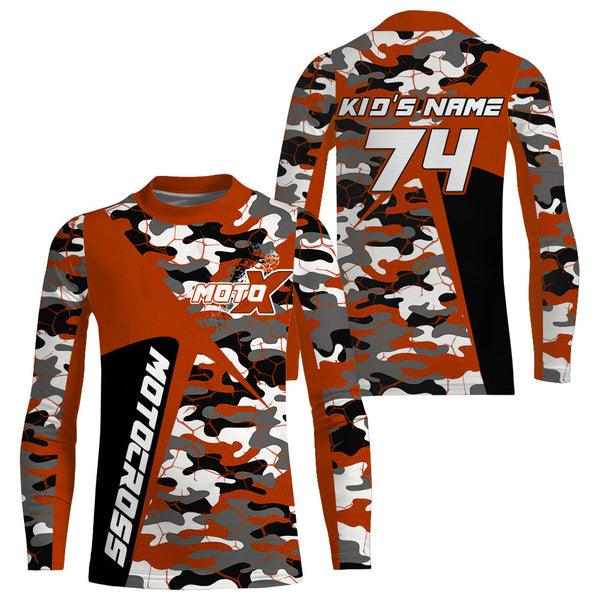 Custom Kid Men Women Dirt Bike MX Jersey UPF30+ Orange Camo Motocross Shirt Extreme MotoX Racing PDT518