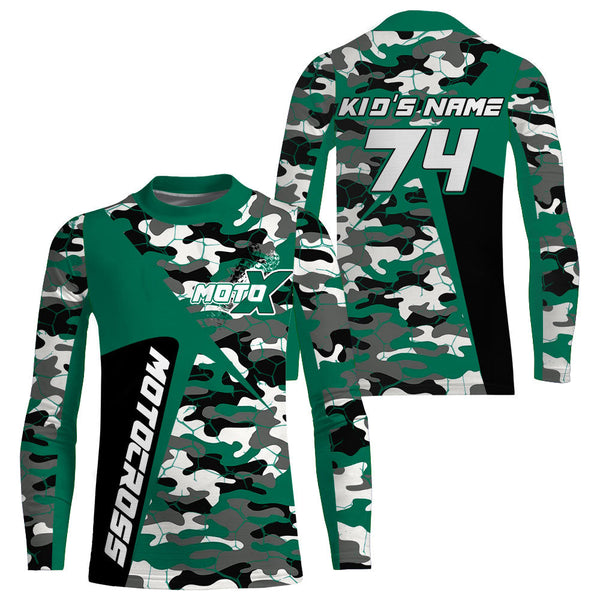 Custom Kid Men Women Dirt Bike MX Jersey UPF30+ Green Camo Motocross Shirt Extreme MotoX Racing PDT519