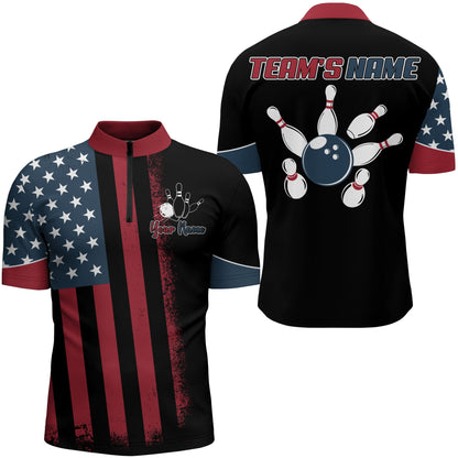 USA Flag Bowling Quarter-Zip Shirt Men Custom Bowling Jersey Patriotic Bowling Team League Shirt BDT112