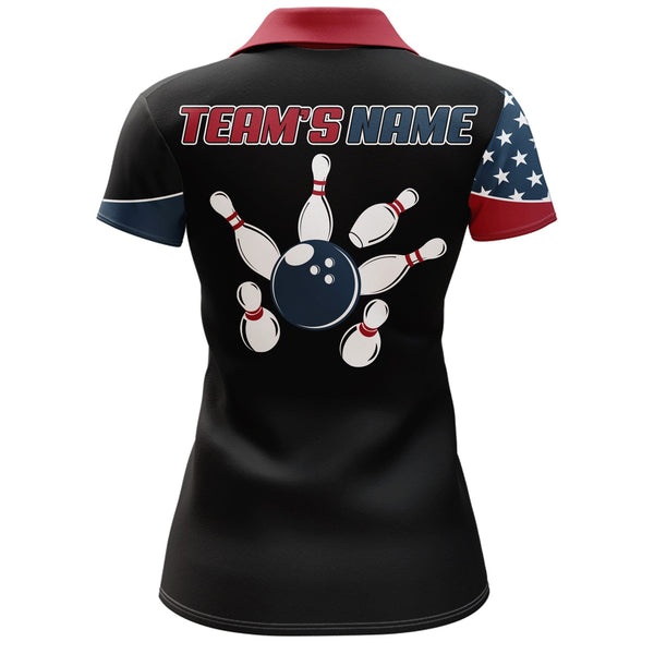 American Flag Bowling Polo Shirt Women Custom Bowling Jersey Patriotic Bowling Team League Shirt BDT111