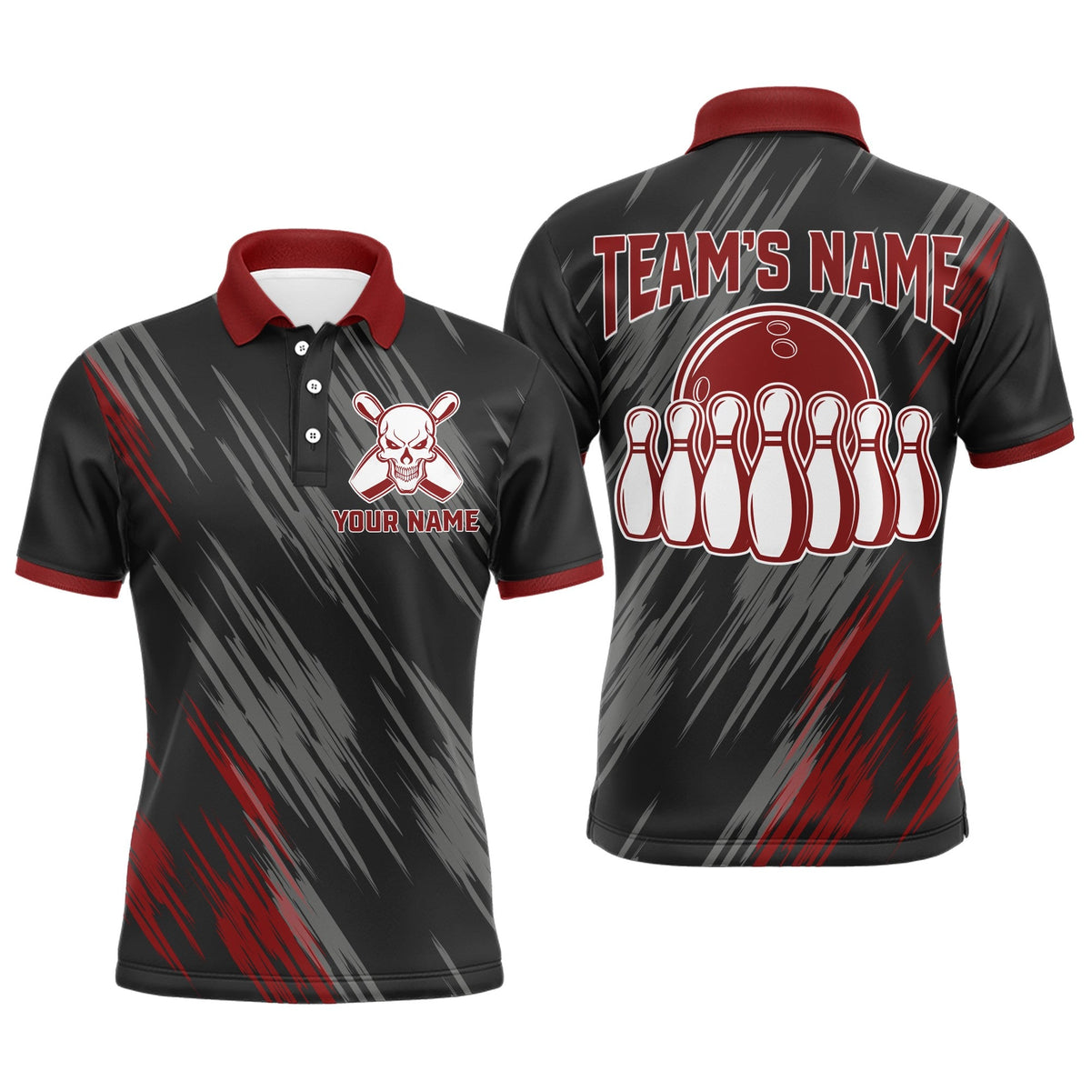 Skull Bowling Polo Shirt For Men Black&Red Bowling Jersey Bowling Team Shirt BDT156