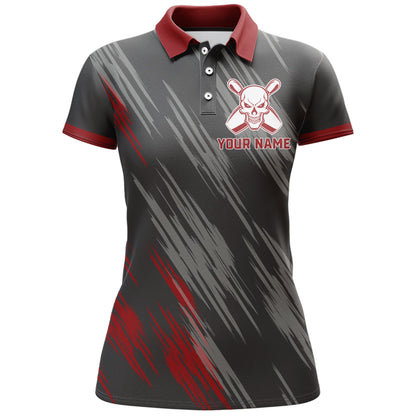 Skull Bowling Polo Shirt For Women Black&Red Bowling Jersey Ladies Bowling Team Shirt BDT157