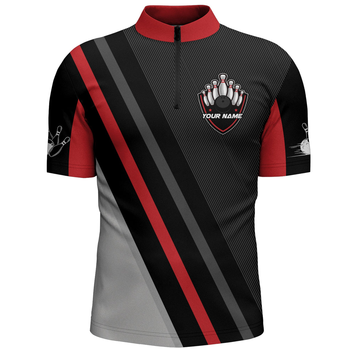 Black&Red Bowling Quarter-Zip Shirt For Men Vintage Bowling Team Jersey Custom Bowling Shirt BDT182