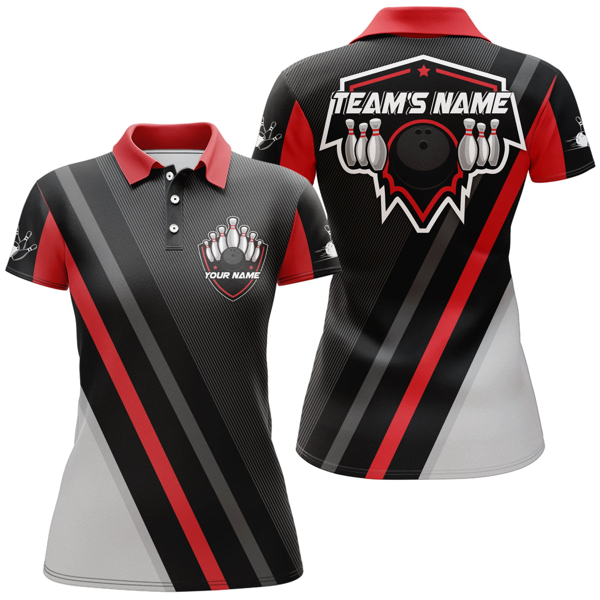 Black&Red Bowling Polo Shirt For Women Vintage Bowling Team League Jersey Custom Bowling Shirt BDT181