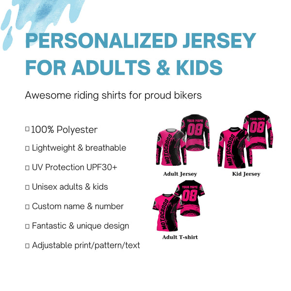 Personalized Motocross jersey pink youth girl UPF30+ MX racing dirt bike off-road long sleeves PDT229