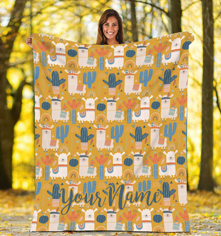 Personalized Boho Llama and Cactus Fleece Throw Blanket, great gifts for Llama lovers FFS - IPHW1848