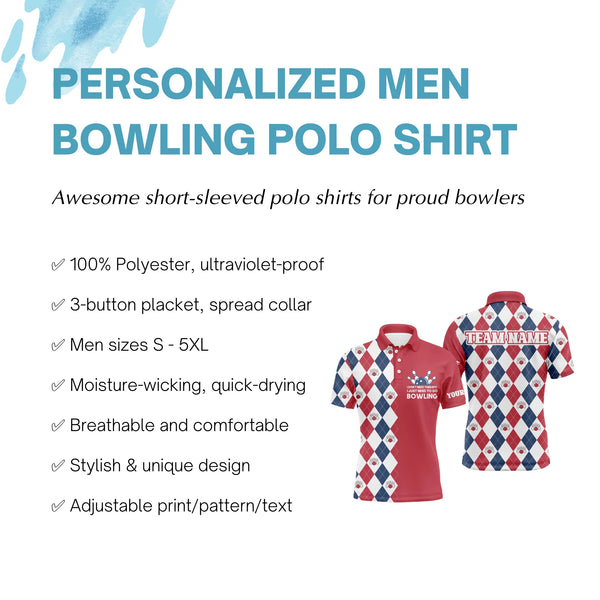 Funny Bowling Men Polo Shirt, Personalized Name Argyle Bowling Pattern Bowler Team Jersey NBP21