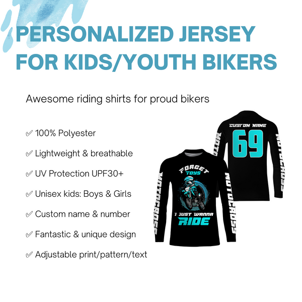 Kid custom motocross jersey blue UPF30+ boys girls dirt bike racing Forget Toys I Just Wanna Ride NMS981