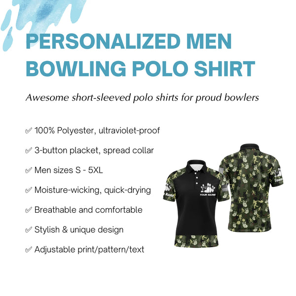 Personalized Men Bowling Polo Shirt Camo Balls and Pins Team Short Sleeves Men Bowlers Jersey NBP12