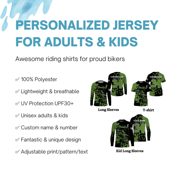 Custom Dirt Bike Jersey UPF30+ UV Protect, Green Motocross Off-Road Riders Motorcycle Racewear| NMS437