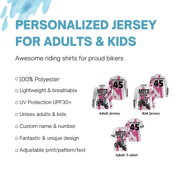 Custom jersey for Motocross youth pink dirt bike off-road UPF30+ MX biker girl motorcycle shirt PDT233