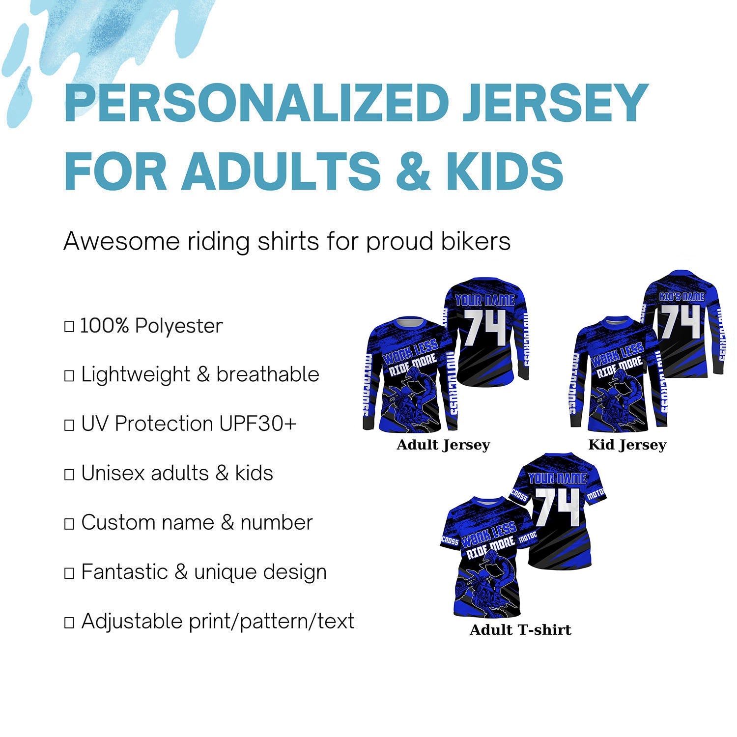 Work Less Ride More Motocross jersey kid adult UPF30+ blue custom