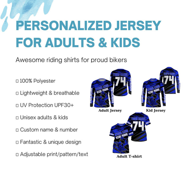 Work Less Ride More Motocross jersey kid adult UPF30+ blue custom dirt bike racing shirt PDT307