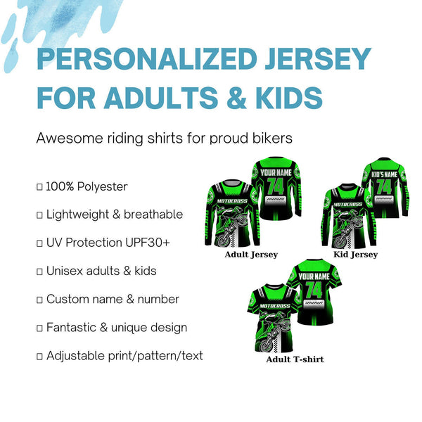 Personalized green Motocross jersey UPF30+ youth&adult dirt bike riding off-road extreme MX shirt PDT256