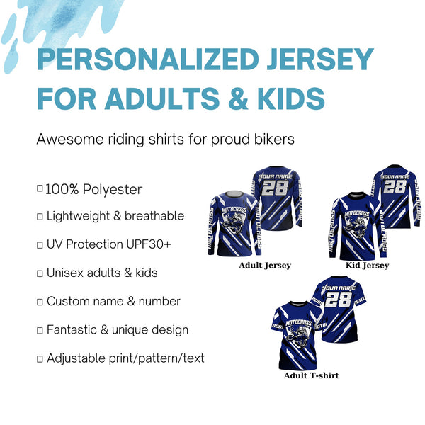 Extreme personalized dirt bike riding jersey adult&kid blue motocross UPF30+ motorcycle shirt PDT237