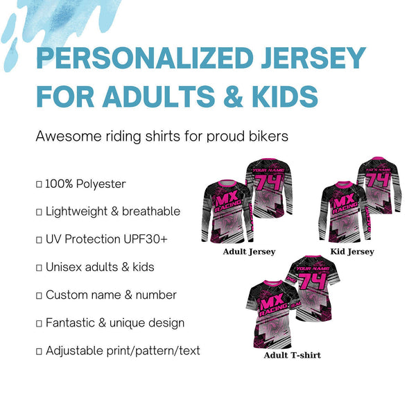 Custom Dirt Bike Jersey Kid Men Women UPF30+ Pink Motocross Racing MX Off-Road Shirt Motorcycle PDT380