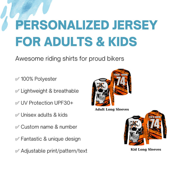 Skull MotoX Jersey Custom Motocross UPF30+ Orange Dirt Bike Racing Motorcycle Bikers Racewear NMS1263