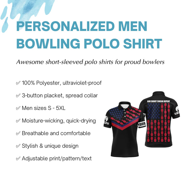 Patriotic Bowling Polo Shirt for Men Bowlers, Personalized American Flag Cool Bowling Jersey NBP32