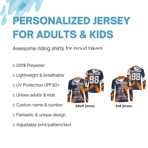 Work Less Ride More kid adult Motocross jersey personalized UPF30+ dirt bike long sleeves racing NMS1097