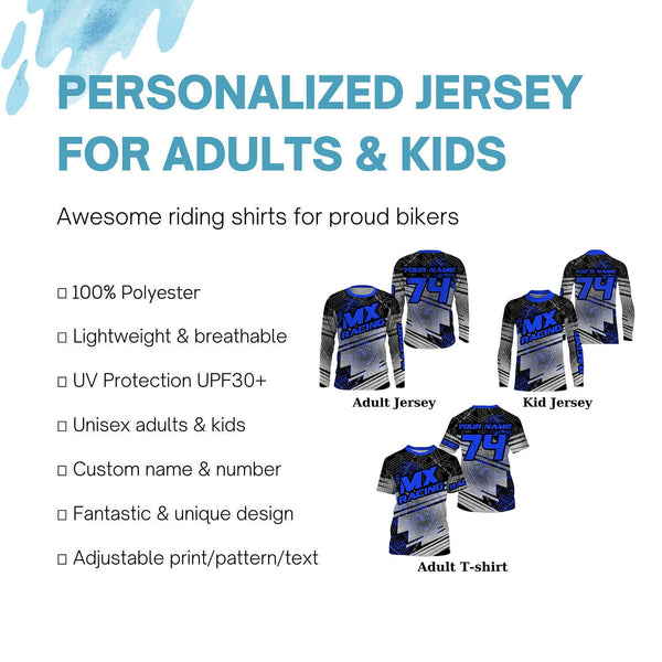 Custom Blue Dirt Bike Jersey Youth Men Women UPF30+ Motocross Racing Shirt Motorcycle MX Off-Road PDT381