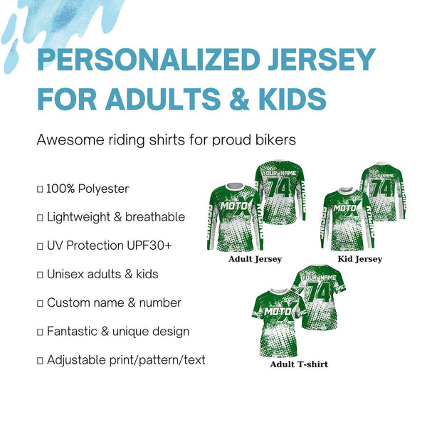 Custom kid adult dirt bike jersey Green Motocross shirt UPF30+ extreme racing racewear motorcycle PDT386