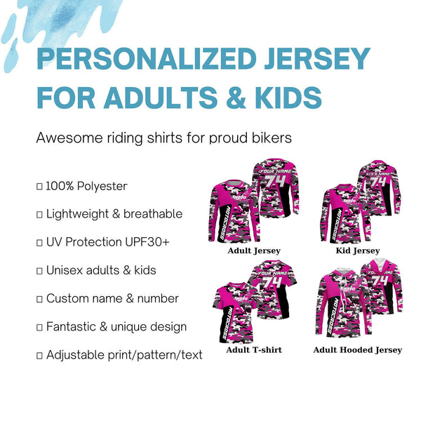 Custom Kid Men Women Dirt Bike Jersey UV Protective Extreme Pink Camo Motocross Racing Shirt PDT375