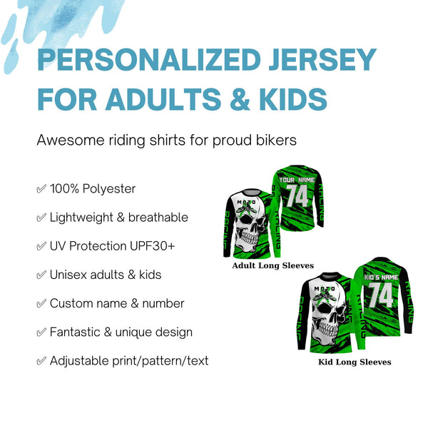 Skull MotoX Jersey Custom Motocross UPF30+ Green Dirt Bike Racing Motorcycle Bikers Racewear NMS1264
