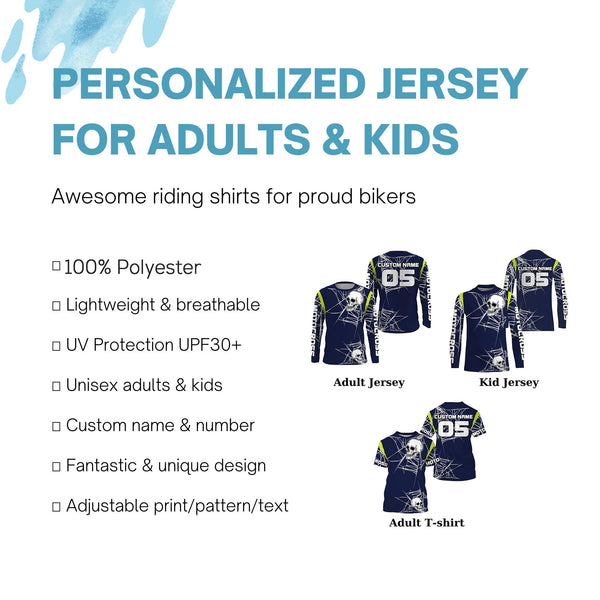 Personalized Motocross racing jersey UPF30+ skull extreme men women kids blue dirt bike outfit PDT196