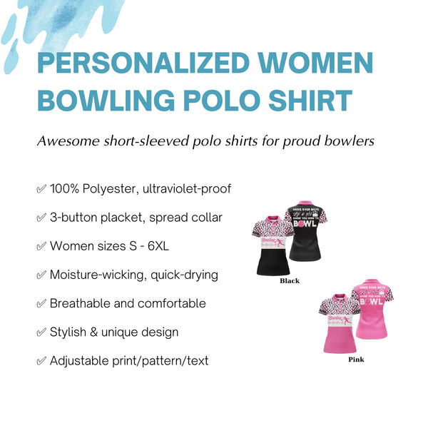 Bowling Girl Personalized Polo Shirt, Funny Women Bowling Pink Leopard Bowlers Jersey NBP43