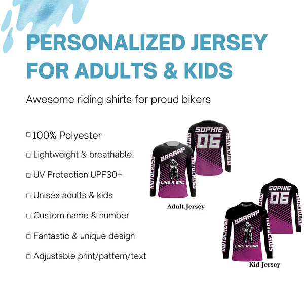 Braaap Like A Girl personalized motocross jersey UPF30+ dirt bike women kids racing long sleeves NMS1072