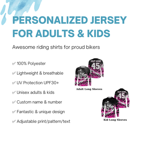 Girls Women Pink Personalized Motocross Jersey UPF30+ Brap Dirt Bike Racing Long Sleeves NMS1182