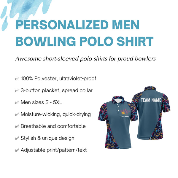 Personalized Men Bowling Polo Shirt, Bowling Balls Pins Pattern Bowlers Team Jersey NBP25