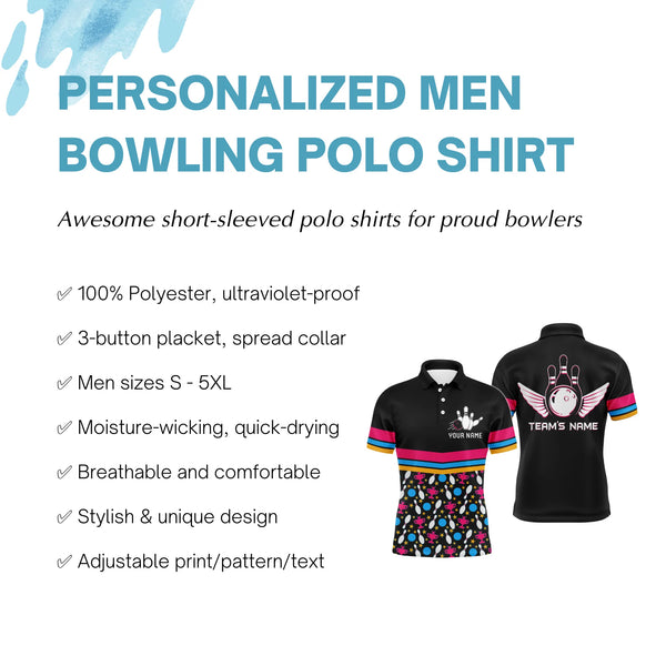 Personalized Men Bowling Polo Shirt Colorful Balls and Pins Champion Short Sleeves Men Bowlers NBP11