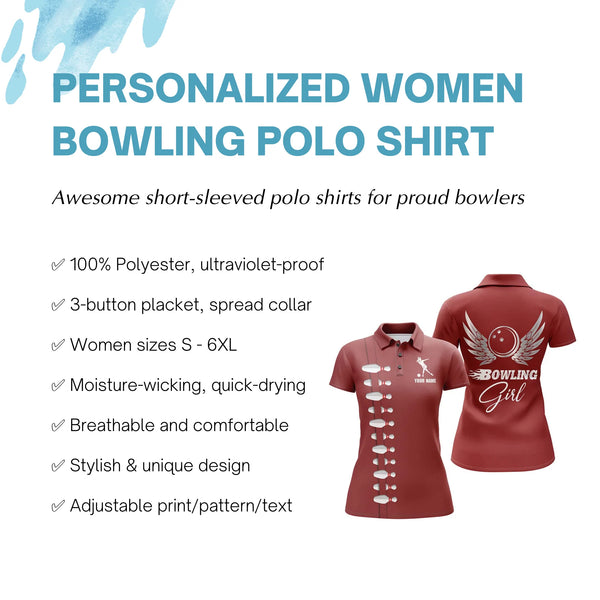 Personalized Women Bowling Polo Shirt, Bowling Girl Beautiful Wings Bowlers Jersey NBP35